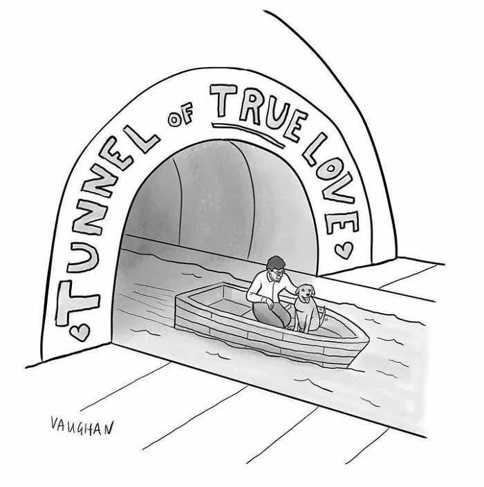Cartoon of person and dog in boat entering tunnel of true love for comedy comics