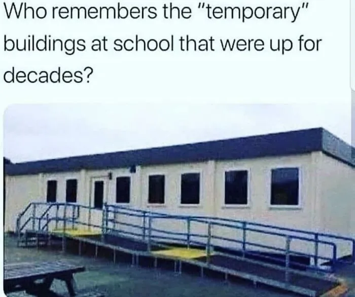 Nostalgic photo of a temporary school classroom building that brings back 80s kids childhood memories.