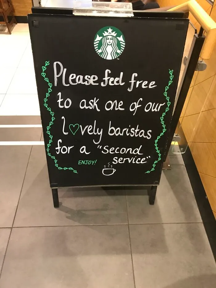 Starbucks sidewalk chalkboard sign featuring misused quotation marks around the phrase second service.
