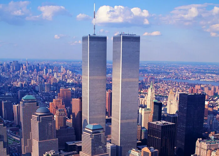 Aerial view of the Twin Towers in New York City, part of chilling stories about gut feelings.