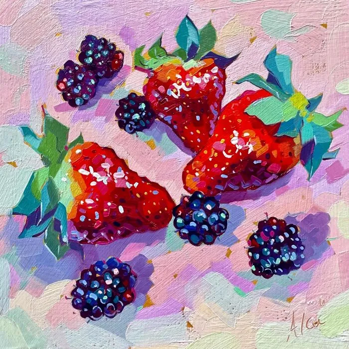 Colorful still life painting of strawberries and blackberries by Alai Paintings.