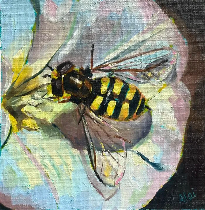 Detailed honeybee on a white flower, a gorgeous piece from Alai Paintings.