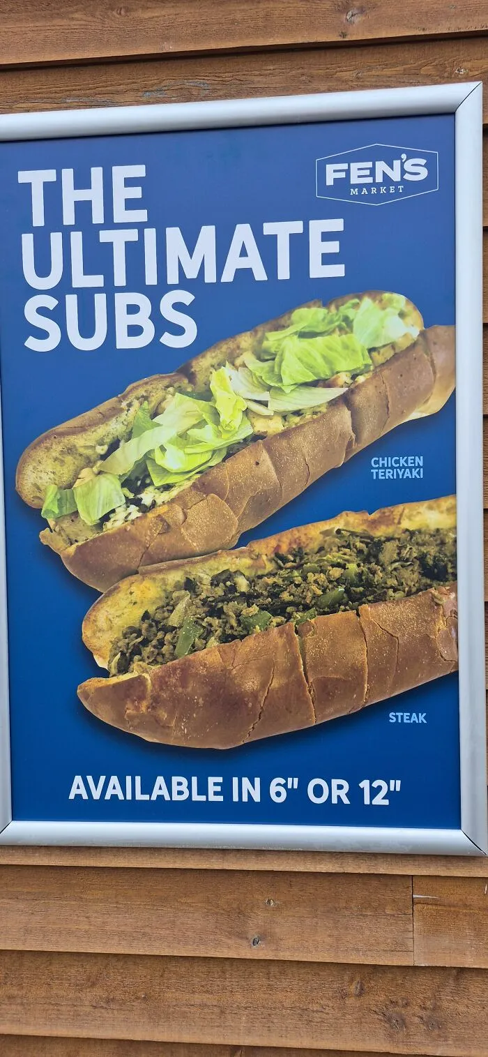 Poster for sub sandwiches showing advertising fails with poor photo placement.