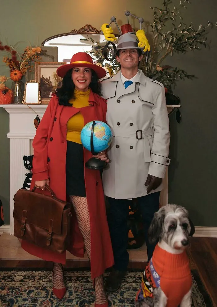 A man and woman dressed as Inspector Gadget and Carmen Sandiego, a clever Halloween costume idea.
