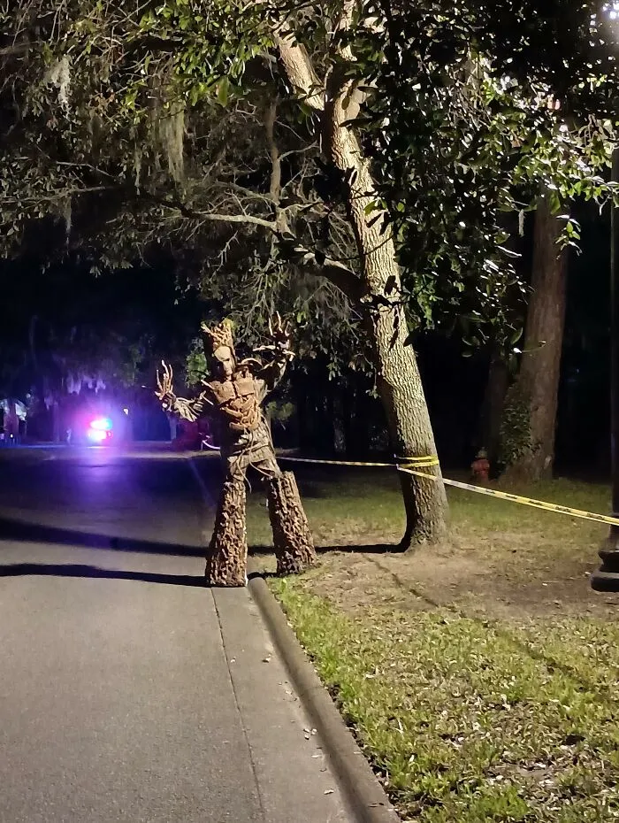 Tall tree-like monster on stilts outside as a creative Halloween costume idea.