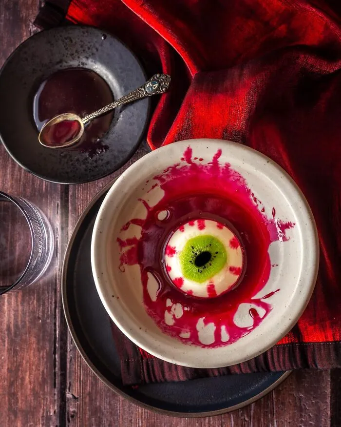 Spooky eyeball pudding dessert for Halloween foods.