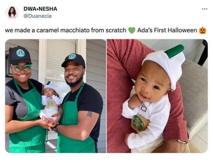 Parents with baby in coffee shop worker Halloween costumes