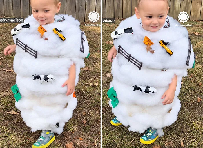 A toddler dressed in a clever tornado costume as one of the most creative Halloween costumes.