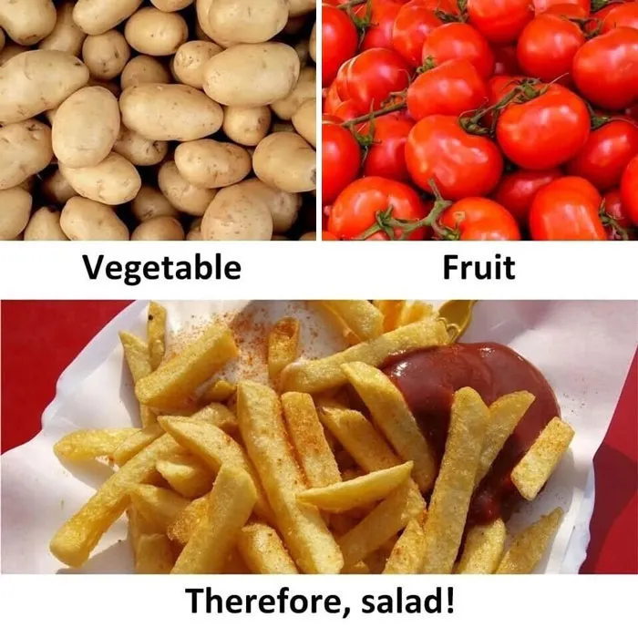 Wholesome memes joke about french fries with ketchup being a salad made from potatoes and tomatoes