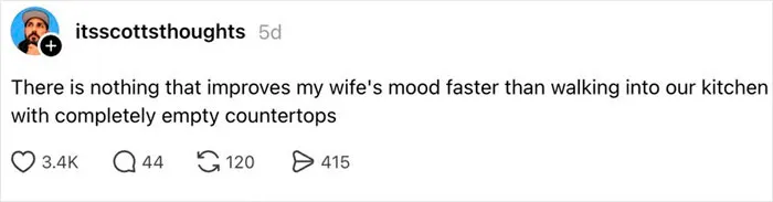Funny marriage tweets about empty kitchen countertops improving a wife's mood instantly.