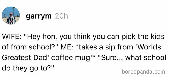 Funny marriage tweets about a dad who forgets what school his kids attend