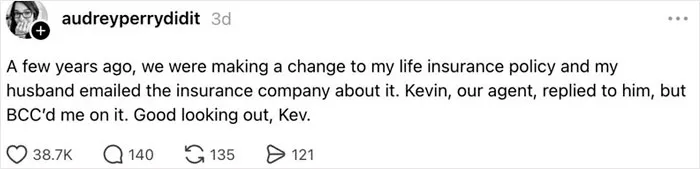 Relatable post about a life insurance agent BCCing a wife, featured in funny marriage tweets