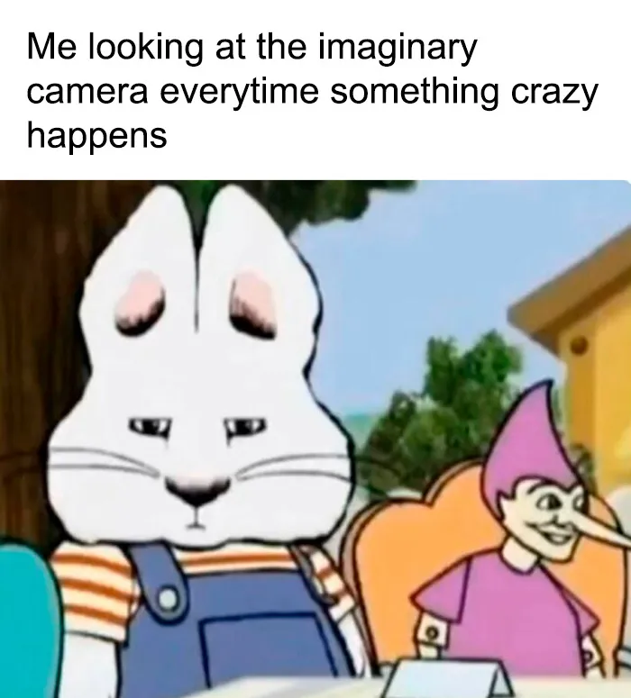 Cartoon rabbit looking at imaginary camera meme for funny moments