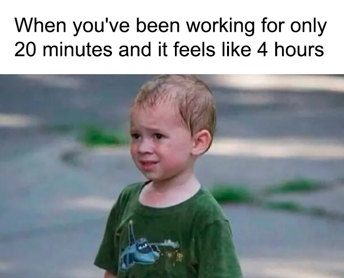 Child looking tired symbolizing slow work time for funny memes