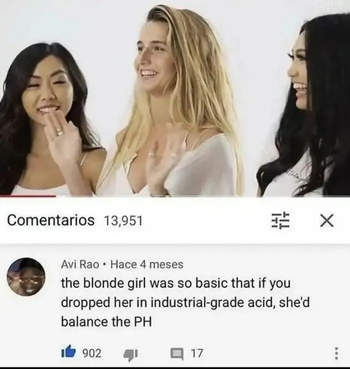 YouTube comment section featuring funny insults about a blonde woman being basic.