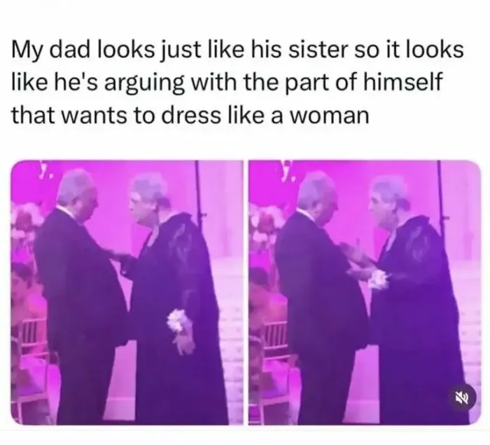 Side-by-side photo comparison with funny insults about a dad arguing with his lookalike sister.