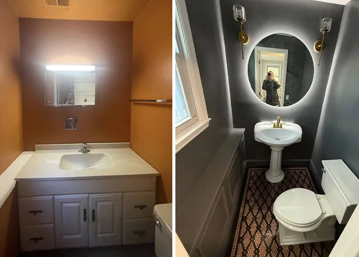 Before and after bathroom home makeover featuring a modern dark grey wall finish and a round illuminated mirror.