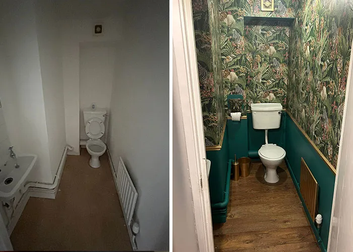 A small restroom home makeover showing a shift from plain white walls to tropical jungle wallpaper and dark green paneling.