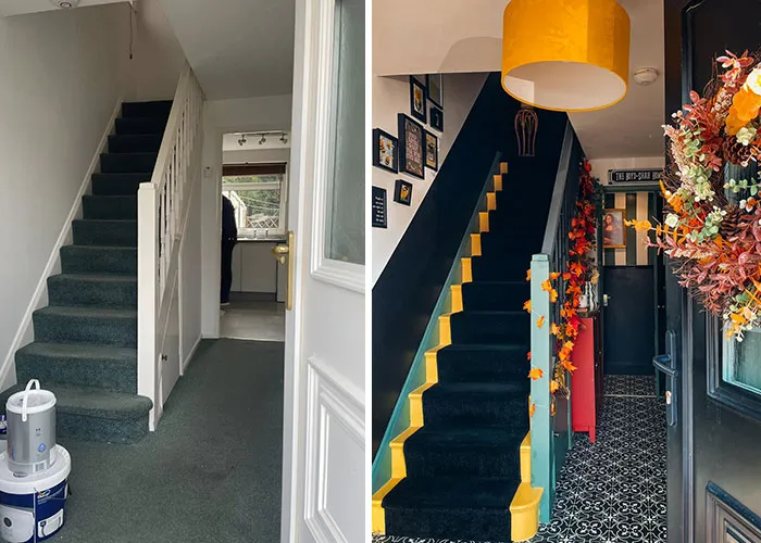 A before and after home makeover of a hallway and staircase with dark paint and vibrant accents