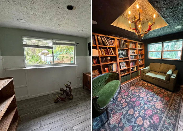 Before and after home makeover of a home office transformed into a cozy library with dark ceiling tiles and bookshelves.