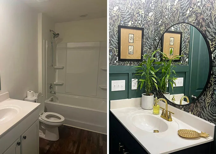 Bathroom home makeover comparison showing a plain space transformed with floral wallpaper and gold fixtures.
