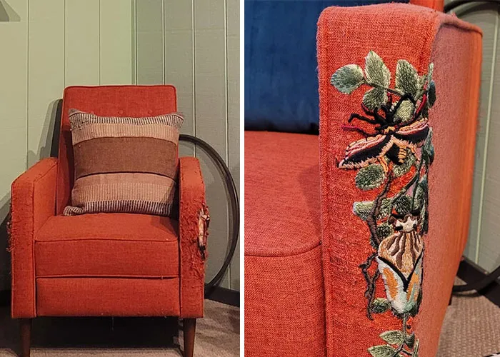 A repaired orange armchair featuring embroidered beetles on the side, showing a creative home makeover.