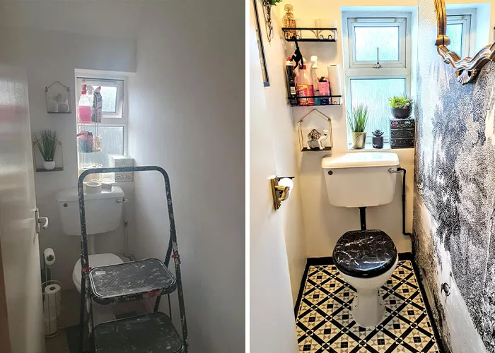 Before and after small bathroom makeover with patterned tile floor and wallpaper
