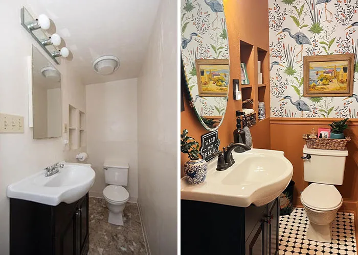 Before and after images of a bathroom home makeover with orange walls and heron wallpaper.