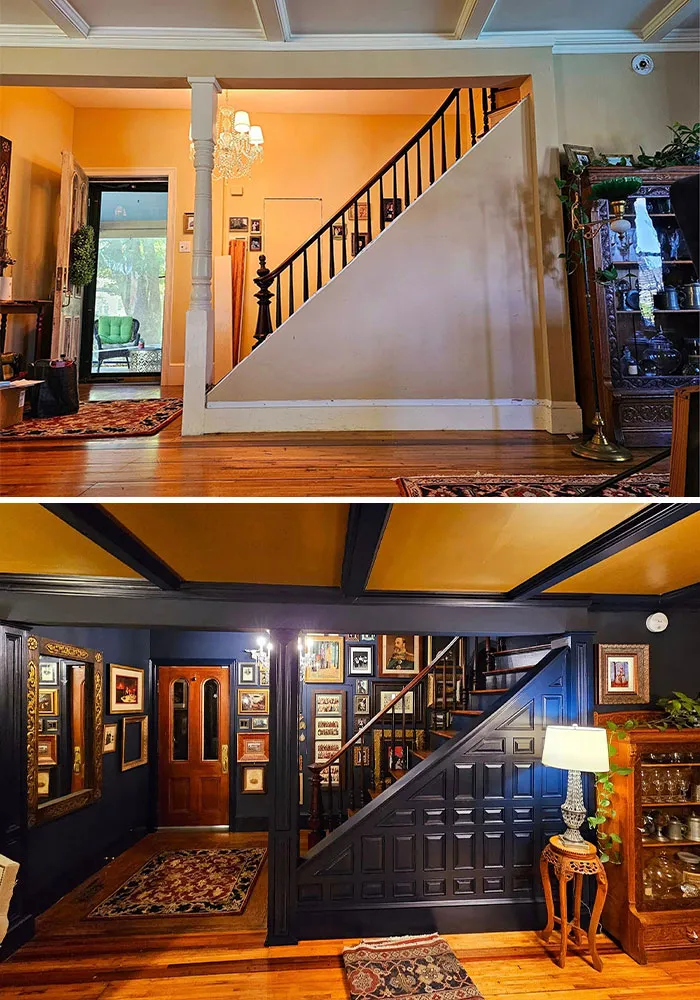 Before and after view of an entryway home makeover featuring dark blue paint and gallery walls.