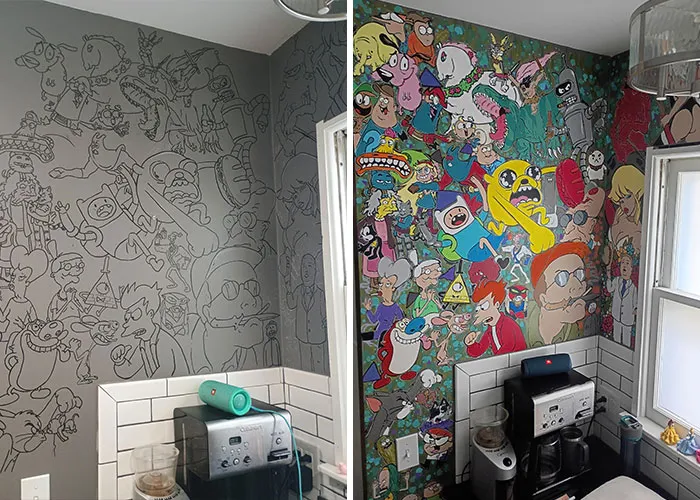 Before and after kitchen wall makeover featuring a colorful cartoon character mural above the counter.