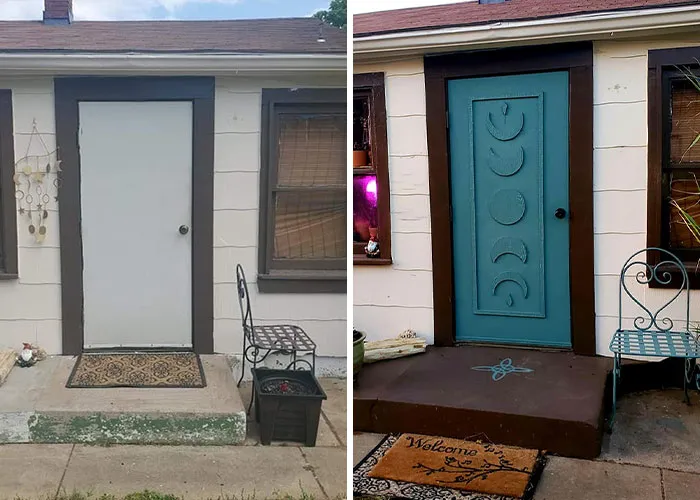 Before and after front porch makeover showing a plain white door transformed into a teal moon phase door.