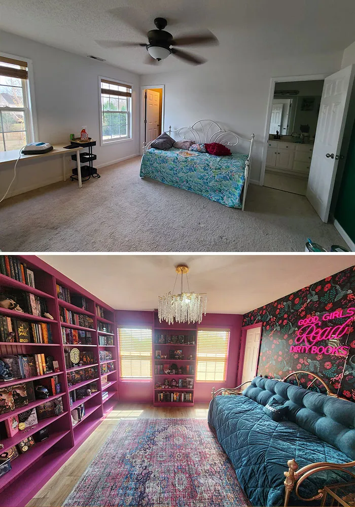 Before and after bedroom transformation showing a vibrant home makeover with pink bookshelves