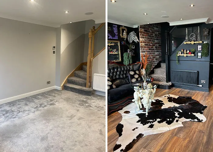 Before and after dark gothic home makeover of a living room with black walls and cowhide rug