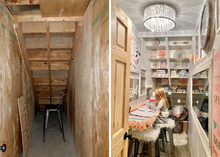 Under-stairs closet home makeover transformed into a cozy reading nook