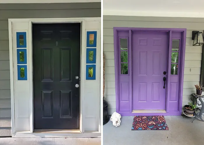 Before and after front door home makeover from dark black to bright purple