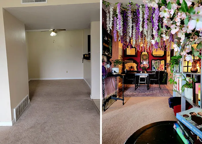Before and after comparison of a dining room homes makeover with floral decor.