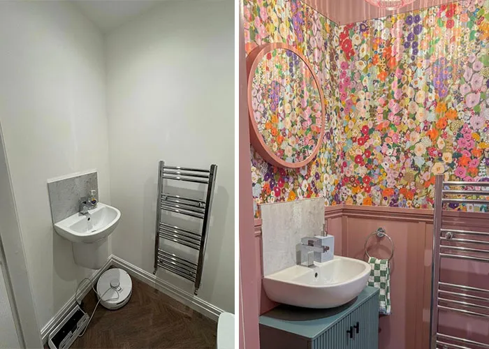 Small bathroom before and after a colorful floral home makeover.