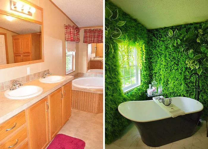 Before and after photos of a bathroom given a tropical green plant makeover