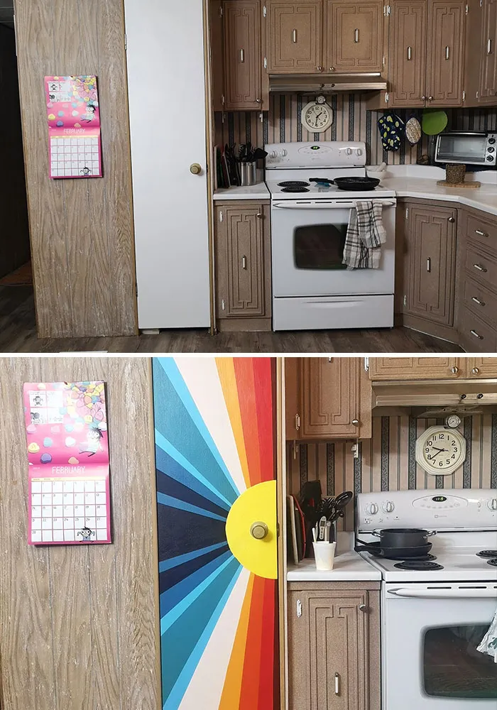 A kitchen pantry door given a colorful rainbow makeover