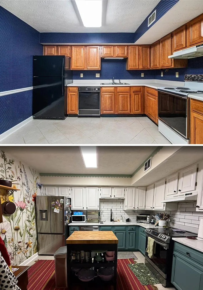 Before and after kitchen makeover transformation with new cabinets and floral wallpaper.