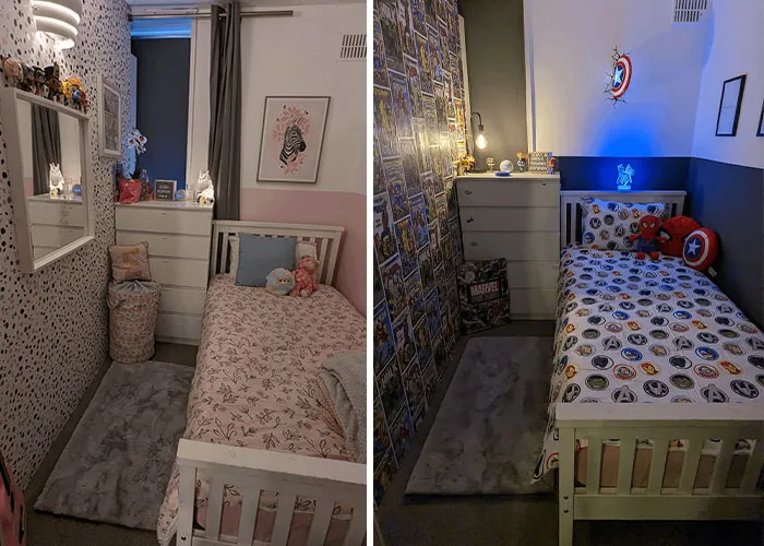 Before and after child bedroom makeover showing a pink theme transformed into a superhero theme.