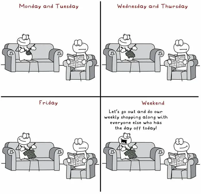 Hoppy Doodle comic illustrating weekly knitting and shopping routine on couch