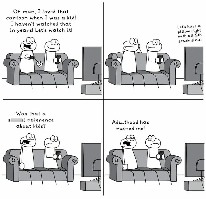 Hoppy Doodle comic about adults reminiscing childhood cartoons and adult frustrations