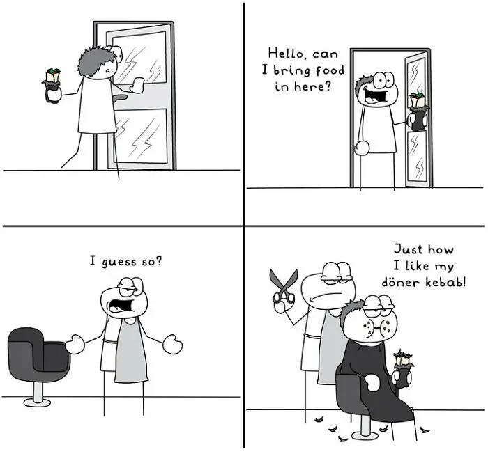 Hoppy Doodle comic of customer asking to bring food into a barber shop