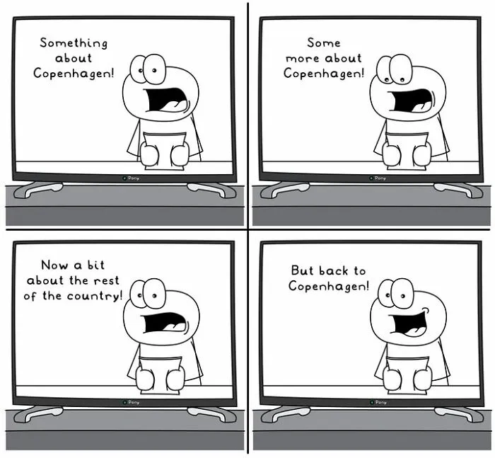 Hoppy Doodle comic with character repeatedly talking about Copenhagen on TV