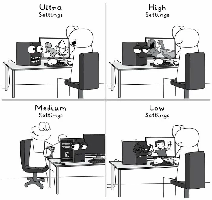 Hoppy Doodle comic showing gaming PC performance from ultra to low settings humorously