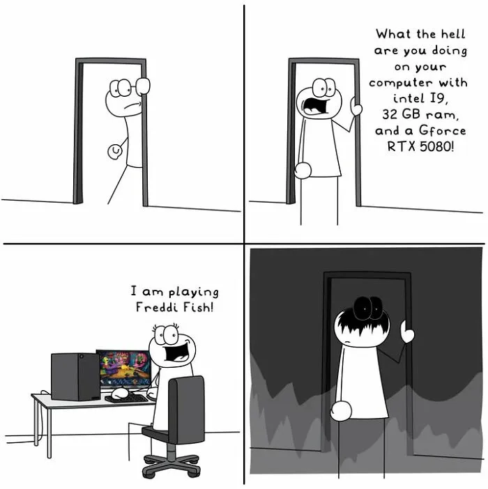 Hoppy Doodle comic humor about playing Freddi Fish on a powerful gaming computer