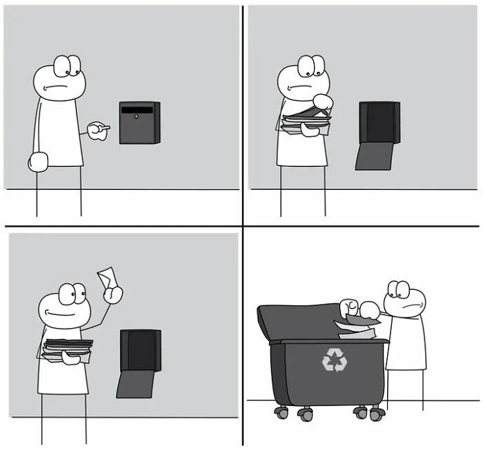 Hoppy Doodle comic showing person recycling papers in a recycling bin