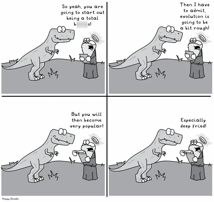 Hoppy Doodle comic with dinosaur and angel discussing tough but popular evolution