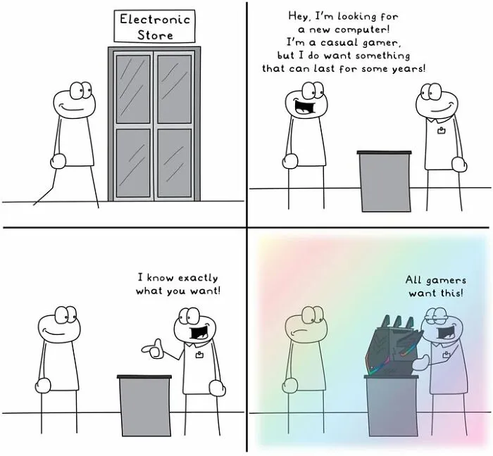 Hoppy Doodle comic about buying a new computer for casual gaming at electronics store